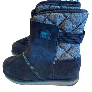 SOREL Womens 8/Youth 6 Navy Suede Leather Gray Knit Waterproof Winter Boots Warm